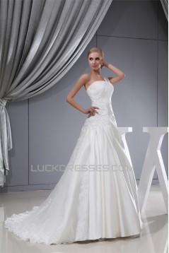 A-Line Satin Lace Organza One-Shoulder Wedding Dresses 2030392