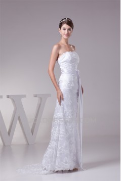 Sleeveless Sheath/Column Square Lace Silk like Satin Wedding Dresses 2030402