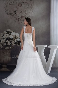 A-Line Sleeveless Straps Satin Fine Netting Wedding Dresses 2030417