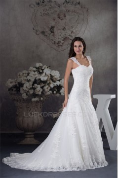 A-Line Sleeveless Straps Satin Fine Netting Wedding Dresses 2030417
