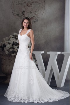 A-Line Sleeveless Straps Satin Fine Netting Wedding Dresses 2030417