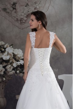 A-Line Sleeveless Straps Satin Fine Netting Wedding Dresses 2030417