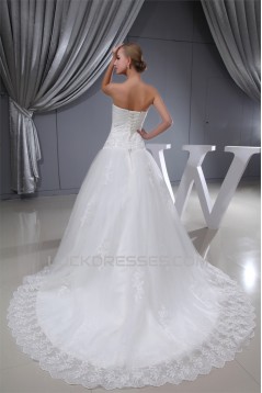 A-Line Sleeveless Sweetheart Satin Lace Fine Netting Wedding Dresses 2030423