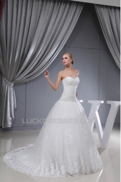A-Line Sleeveless Sweetheart Satin Lace Fine Netting Wedding Dresses 2030423
