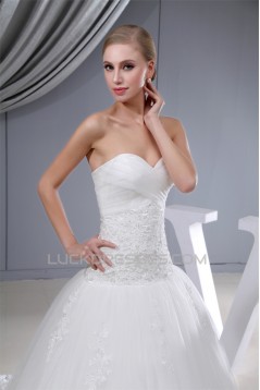 A-Line Sleeveless Sweetheart Satin Lace Fine Netting Wedding Dresses 2030423