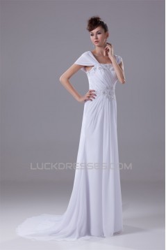 Sheath/Column Capped Sleeves Chiffon Silk like Satin Beaded Lace Wedding Dresses 2030442