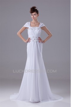 Sheath/Column Capped Sleeves Chiffon Silk like Satin Beaded Lace Wedding Dresses 2030442