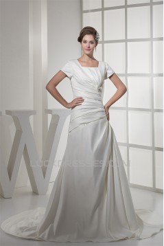 Square Satin Short Sleeve A-Line Wedding Dresses 2030443