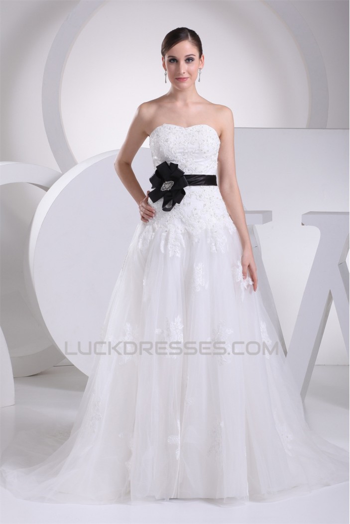 A-Line Strapless Satin Silk like Satin Lace Wedding Dresses 2030457