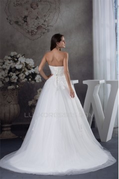 A-Line Sweetheart Sleeveless Satin Fine Netting Lace Wedding Dresses 2030471