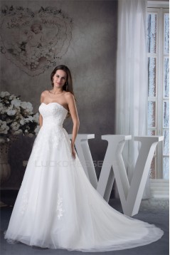 A-Line Sweetheart Sleeveless Satin Fine Netting Lace Wedding Dresses 2030471