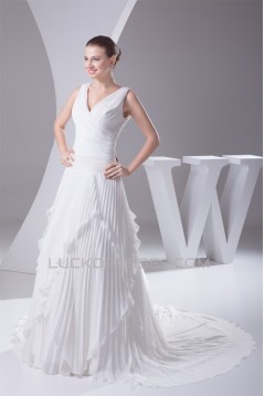 V-Neck A-Line Chiffon Silk like Satin Illusion Sleeves Reception Wedding Dresses 2030508