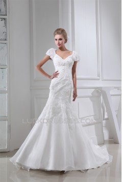 V-Neck Mermaid/Trumpet Sleeveless Satin Lace Organza Wedding Dresses 2030511
