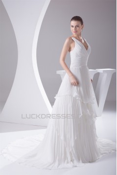 Wholesale A-Line V-Neck Chiffon Satin Sleeveless Best Wedding Dresses 2030514