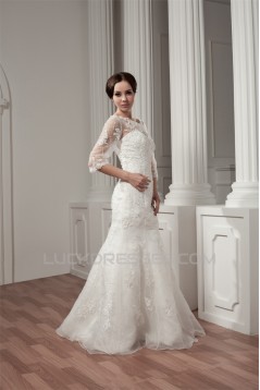 3/4 Length Sleeve Satin Portrait A-Line Most Beautiful Beaded Lace Wedding Dresses 2030527
