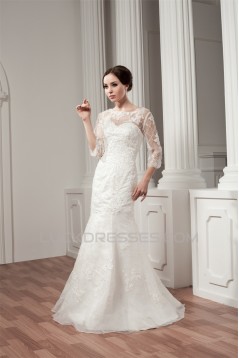 3/4 Length Sleeve Satin Portrait A-Line Most Beautiful Beaded Lace Wedding Dresses 2030527