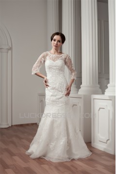3/4 Length Sleeve Satin Portrait A-Line Most Beautiful Beaded Lace Wedding Dresses 2030527