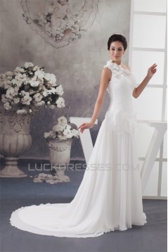 A-Line Chiffon Satin Sleeveless One-Shoulder Most Beautiful Wedding Dresses 2030529