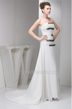 A-Line Chiffon Silk like Satin Strapless Beaded Sweep Train Wedding Dresses 2030530
