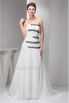 A-Line Chiffon Silk like Satin Strapless Beaded Sweep Train Wedding Dresses 2030530
