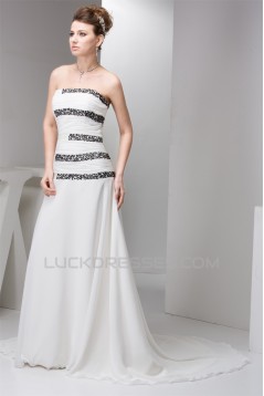 A-Line Chiffon Silk like Satin Strapless Beaded Sweep Train Wedding Dresses 2030530