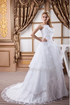 A-Line One-Shoulder Satin Sleeveless Lace Wedding Dresses 2030533