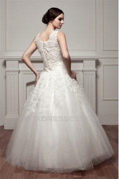 A-Line Satin Fine Netting Sleeveless Portrait Lace Wedding Dresses 2030535