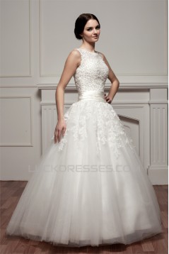 A-Line Satin Fine Netting Sleeveless Portrait Lace Wedding Dresses 2030535