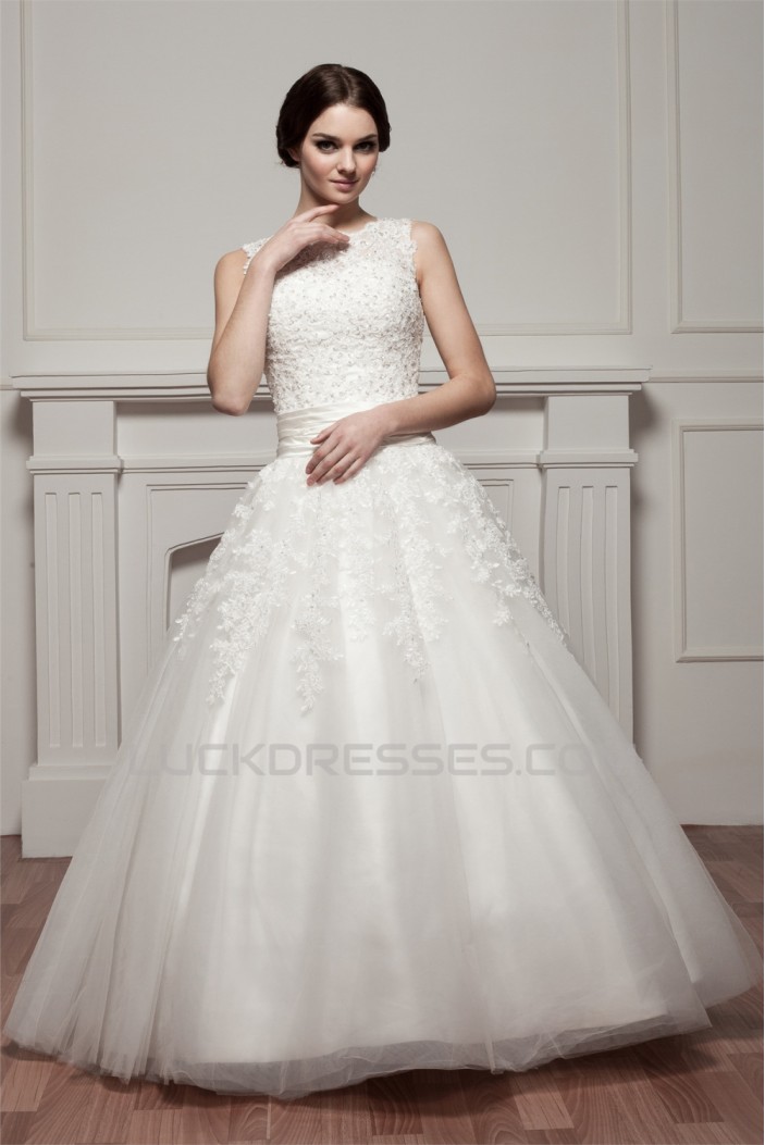 A-Line Satin Fine Netting Sleeveless Portrait Lace Wedding Dresses 2030535