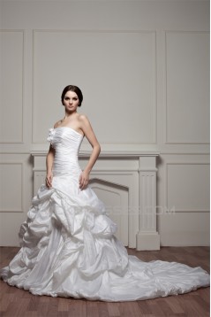 A-Line Satin Taffeta Strapless Sleeveless Chapel Train Wedding Dresses 2030538