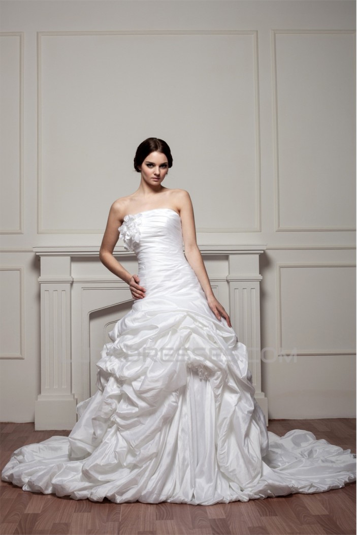 A-Line Satin Taffeta Strapless Sleeveless Chapel Train Wedding Dresses 2030538