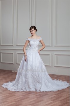 A-Line Sleeveless Off-the-Shoulder Satin Organza Lace Wedding Dresses 2030540