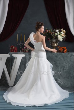 A-Line Sleeveless One-Shoulder Satin Satin Organza Sweet Wedding Dresses 2030541