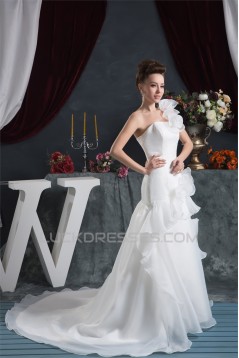 A-Line Sleeveless One-Shoulder Satin Satin Organza Sweet Wedding Dresses 2030541