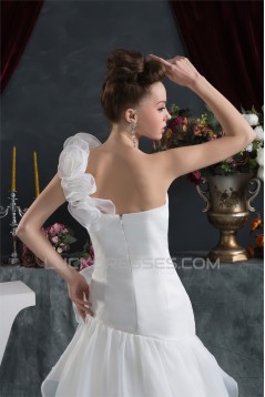 A-Line Sleeveless One-Shoulder Satin Satin Organza Sweet Wedding Dresses 2030541