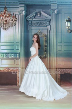 A-Line Sleeveless Soft Sweetheart Satin Beaded Lace Wedding Dresses 2030548