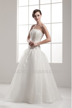 A-Line Sleeveless Strapless Satin Fine Netting Beaded Wedding Dresses 2030550