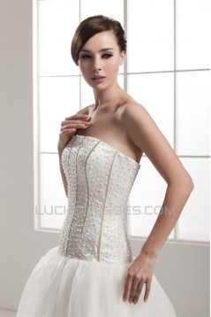 A-Line Sleeveless Strapless Satin Fine Netting Beaded Wedding Dresses 2030550