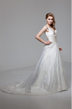 A-Line Sleeveless V-Neck Satin Organza New Arrival Wedding Dresses 2030556