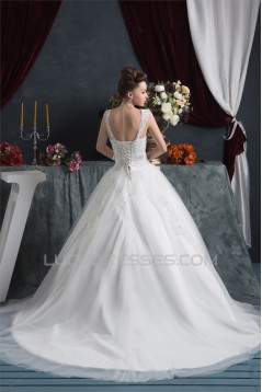 A-Line Straps Sleeveless Satin Lace Fine Netting Wedding Dresses 2030560