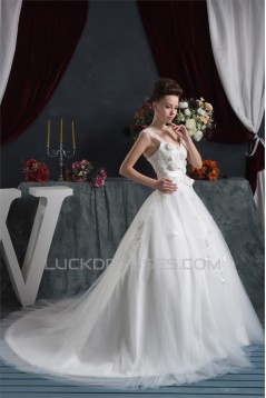 A-Line Straps Sleeveless Satin Lace Fine Netting Wedding Dresses 2030560