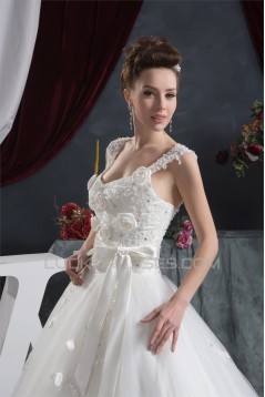 A-Line Straps Sleeveless Satin Lace Fine Netting Wedding Dresses 2030560