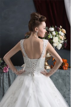 A-Line Straps Sleeveless Satin Lace Fine Netting Wedding Dresses 2030560