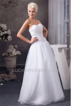 A-Line Sweetheart Satin Organza Sleeveless Beaded Floor Length Wedding Dresses 2030561