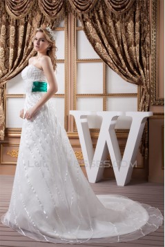 A-Line Strapless Satin Sleeveless Beaded Wedding Dresses 2030562