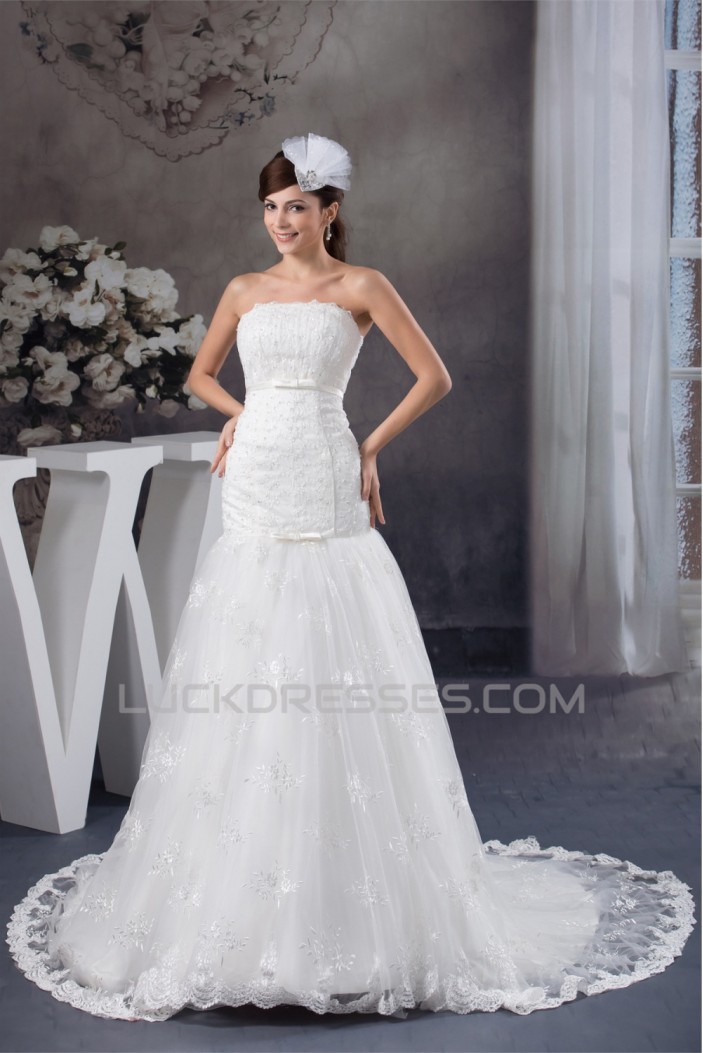 Amazing Sleeveless Satin Lace Strapless A-Line Wedding Dresses 2030584