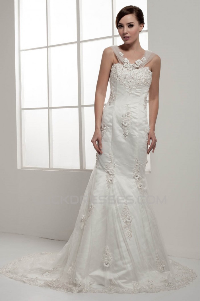 Amazing Trumpet/Mermaid Straps Satin Fine Netting Lace Wedding Dresses 2030590