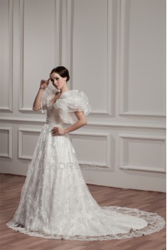 attractive A-Line Satin Lace Sleeveless Straps Reception Wedding Dresses 2030595