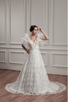 attractive A-Line Satin Lace Sleeveless Straps Reception Wedding Dresses 2030595