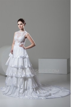 attractive High-Neck A-Line Satin Organza New Arrival Wedding Dresses 2030596